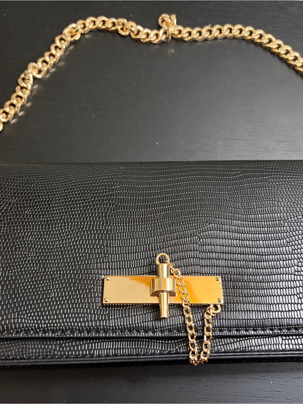 Aldo Black Textured Clutch with Gold Chain and Turnlock